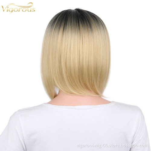 Ombre blonde short straight wavy hair vendor high quality premium wholesale synthetic heat resistant wig lace front black women